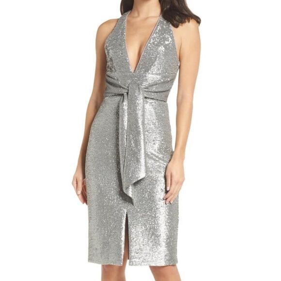 Silver Metallic HARLYN Sequin Embellished Plunge Neck Tie-Waist Midi Dress (NWT) - Picture 8 of 8